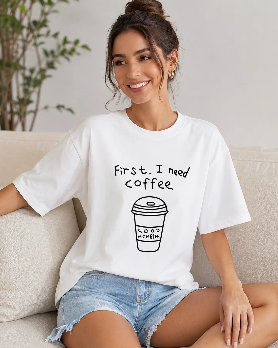 New Wome Ribbon T-shirtCoffee FirstPattern Printed Roosevelt Casual Round NeckTop Fashion Short Sleeve
