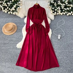 Chic Elegant Long Sleeve High Collar Pleated Dresses Vintage Korean Fashion Evening Party Women Autumn Clothing