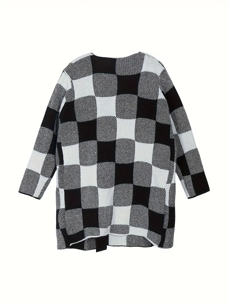 Классический клетчатый вязаный кардиган больших размеров, пальто, осень-зима, теплая свободная женская одежда, корейское универсальное пальто средней длины