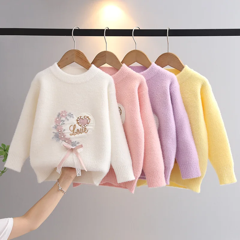 Korean Baby Girls Sweater Autumn Winter New Knitted Pullovers Love Ribbons Children Warm Bottoming Tops for Kids Girl GY08141