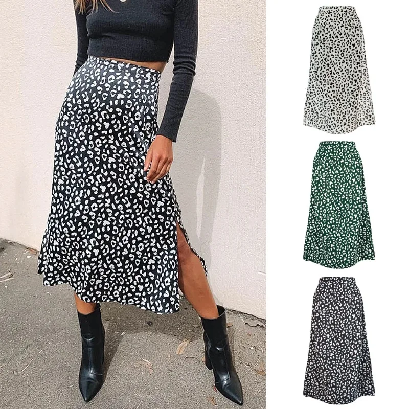 Spring Summer Leopard Print Chiffon Skirt Women's Sexy High Waist Side Slit Midi Skirt Fashion Design European Trendy Style