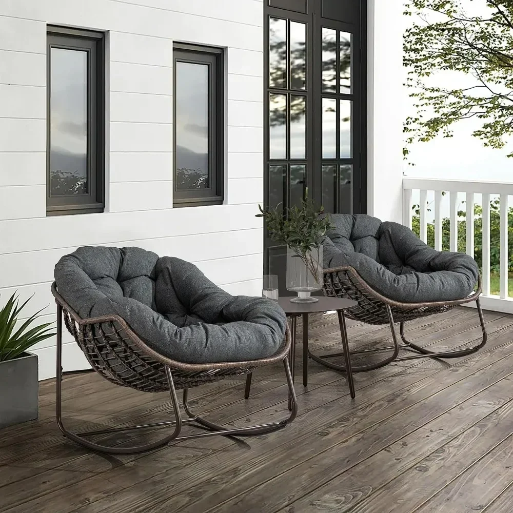 Rocking Chair(2 pcs), Oversized Rocking Papasan Chair with Thick Cushion and Frame Outdoor Rocker, Comfy Wicker Egg Chairs