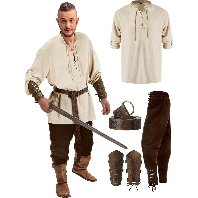 4 Pcs Medieval Renaissance Pants Outfits Waist Belt Shirt Arm Guards Pirate Men's Cosplay Costume Halloween