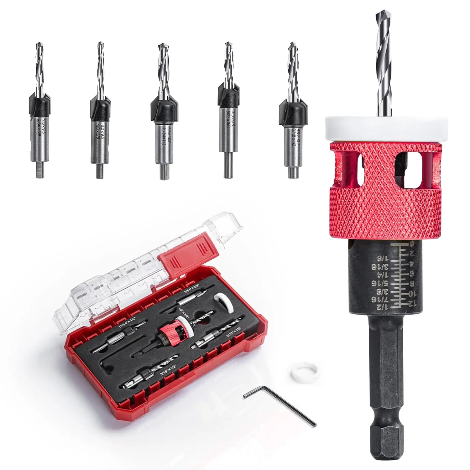 

5 Pcs HSS M2 Countersink Drill Bit Set with Depth Stop, Tapered Head for Precision Drilling
