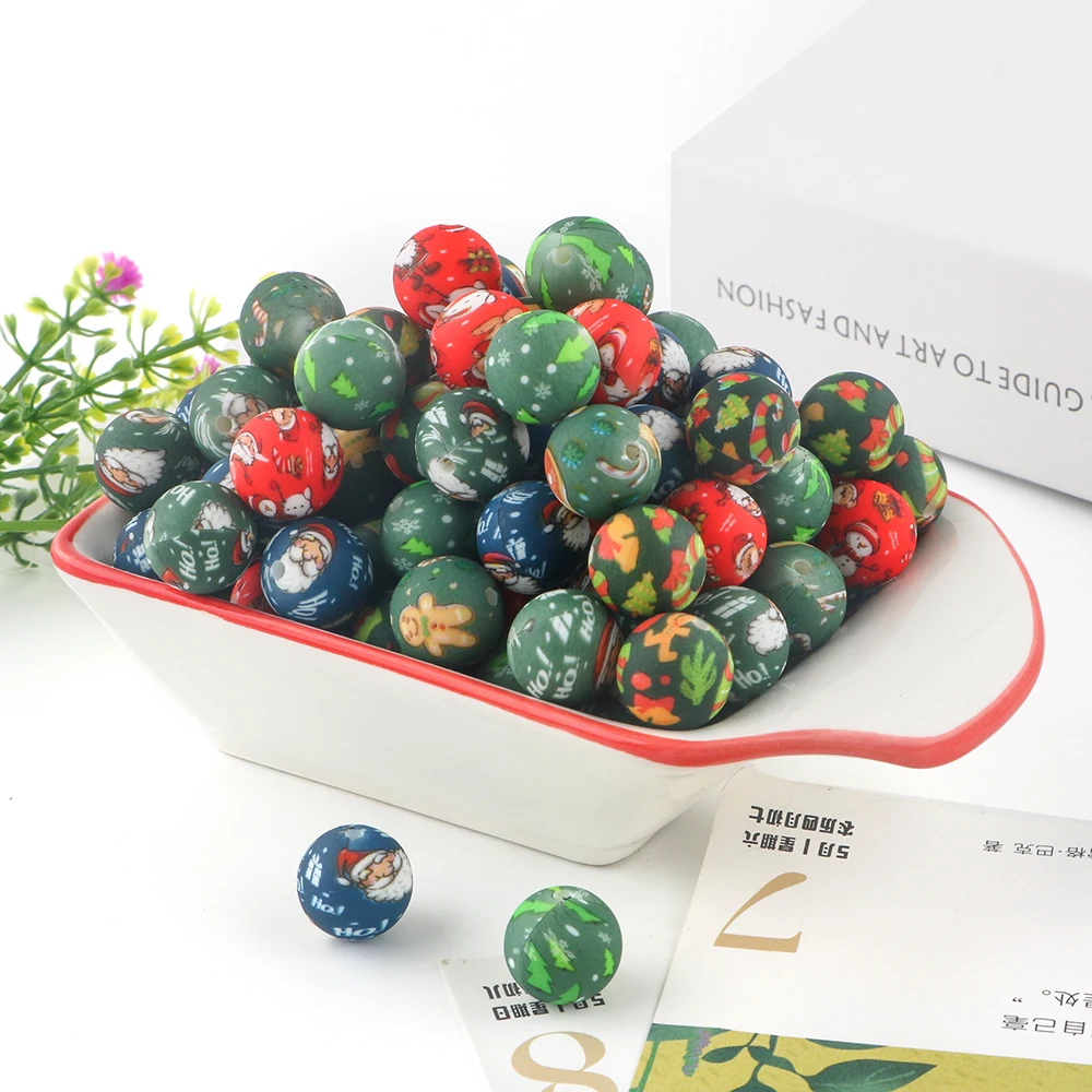 

50/100Pcs 15mm Silicone Printed Round Beads DIY Keychain Necklace Bracelet Accessories For Jewelry Making