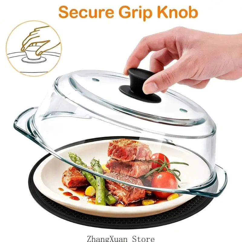 Clear Glass Microwave Splatter Lid, Borosilicate Reheating Lid with Top Knob Handle, 26 Cover for Meals, Bowls, and Countertop