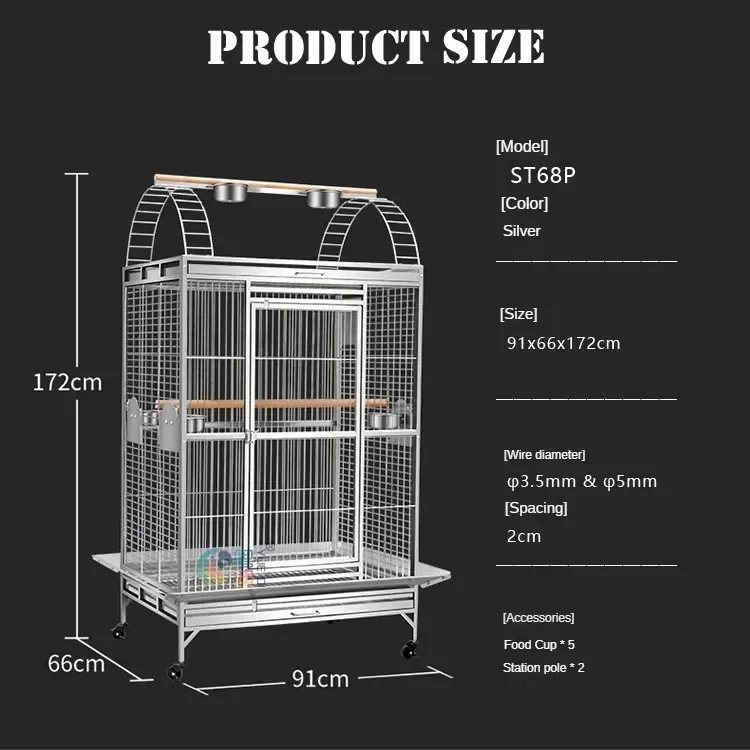 

Parrot Bird Cage 91 66 172cm Stainless Steel Metal , Extra Large, Giant Large Bird Cage, Villa Parrot Breeding Cage ST68P