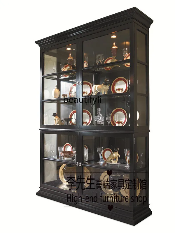 

French solid wood black glass door side cabinet, American rural pastoral living room oak bookcase display cabinet