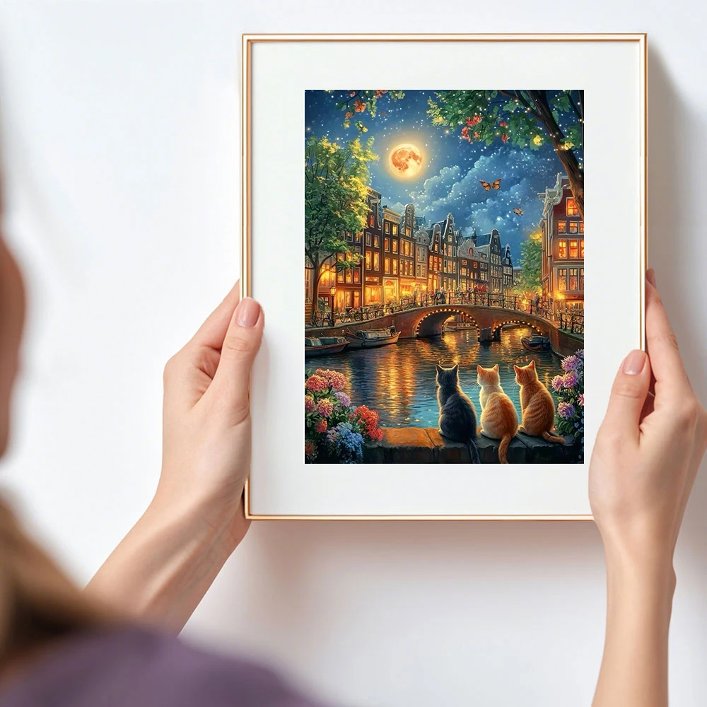 5D DIY Diamond Painting Cat River Moon Diamond Mosaic Landsc
