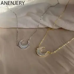 ANENJERY Silver Color Moon Necklace for Women White Shell Shiny Clavicle Chain Necklaces Party Jewelry