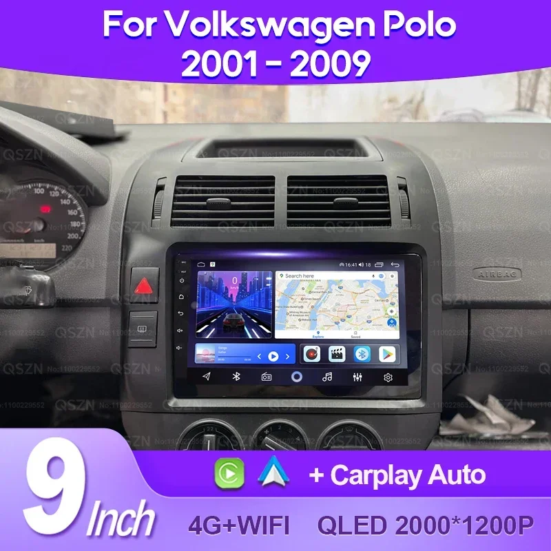 QSZN For Volkswagen Polo Mk4 IV 4 2001 -2009 2K QLED Android 13 Car Radio Multimedia Video Player GPS AI Voice CarPlay 4G Stereo