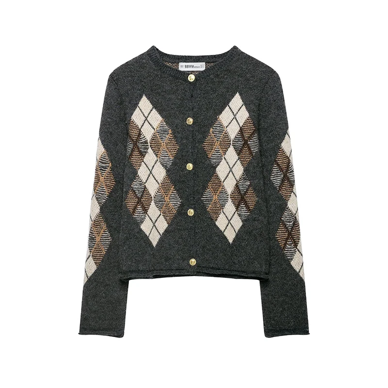Autumn Women Argyle Knit Cardigan Round Neck  Long Sleeve Retro Casual Sweater Coat