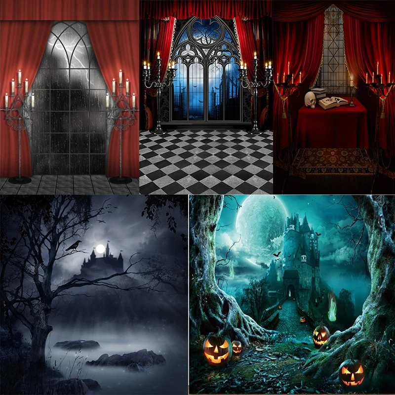 Halloween Backdrop Vampire Medieval Castle Gothic Window Moon Bats Photography Background Birthday Party Horrible Decorations