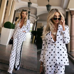 Polka Dot Women Suits V-Neck Peaked Lapel Uniform Formal For Female Evening Party Prom 2 Pcs Jacket With Pant