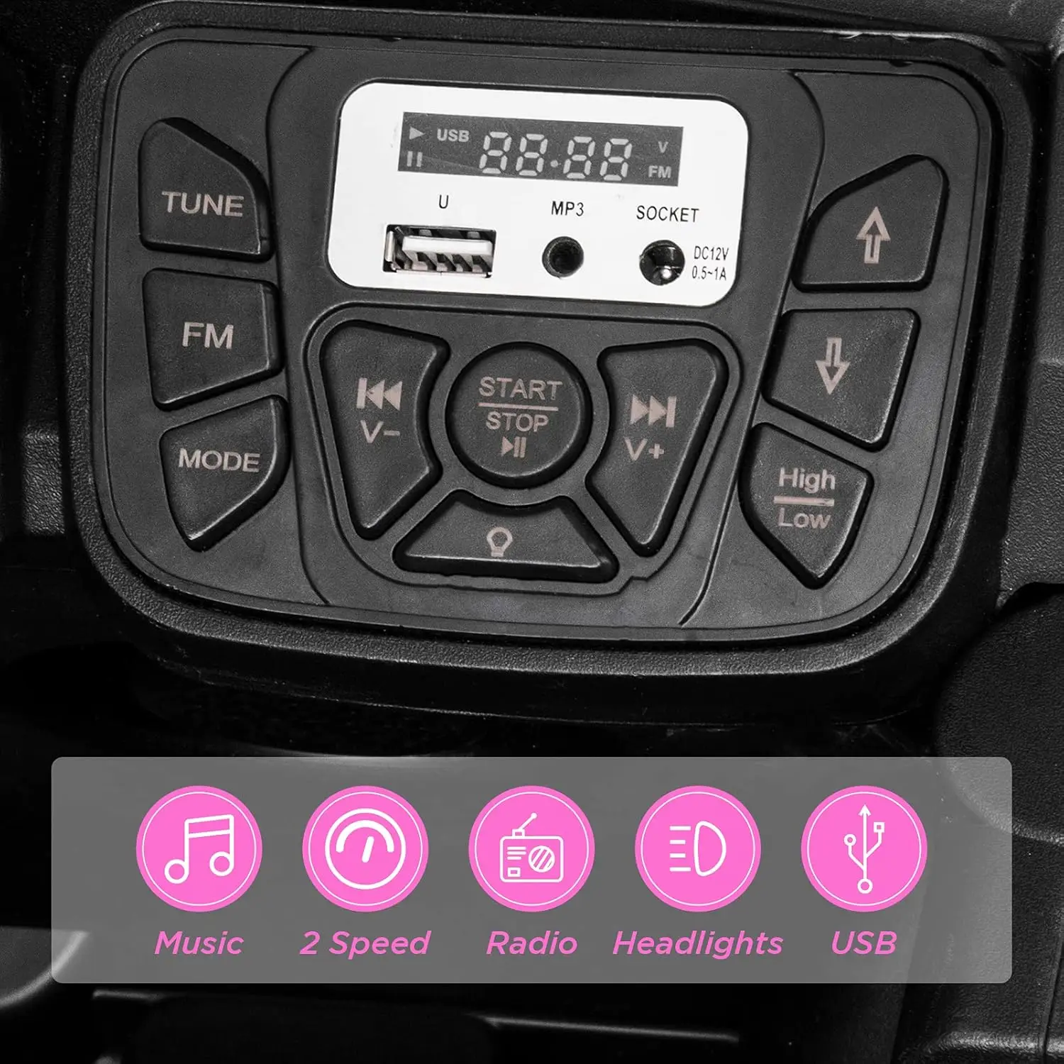 Elektryczne pojazdy dla dzieci 12V, wywrotka z osłoną przeciwsłoneczną, samochodzik do jazdy dla maluchów z pilotem, światła LED, MP3, port USB, 3 prędkości