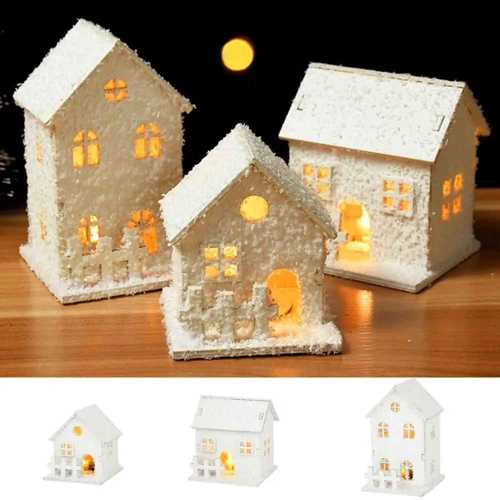 Snow Cabin Mini Christmas LED Light Wooden House White Luminous Glowing Castle with Snowflake New Year