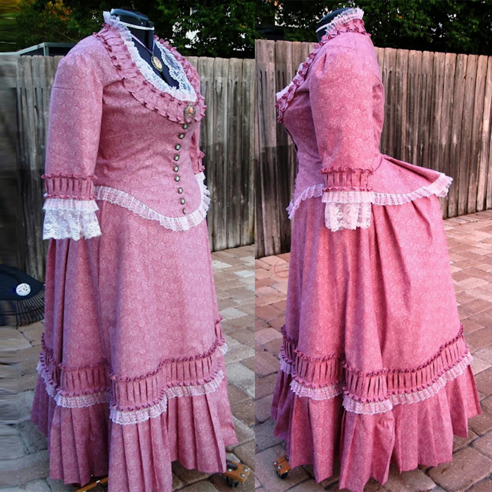 Pink Rococo Walking Suit Victorian Edwardian Duchess Floral Bustle Dinner Dress Colonial Southern Belle Manor Tea Ball Gown