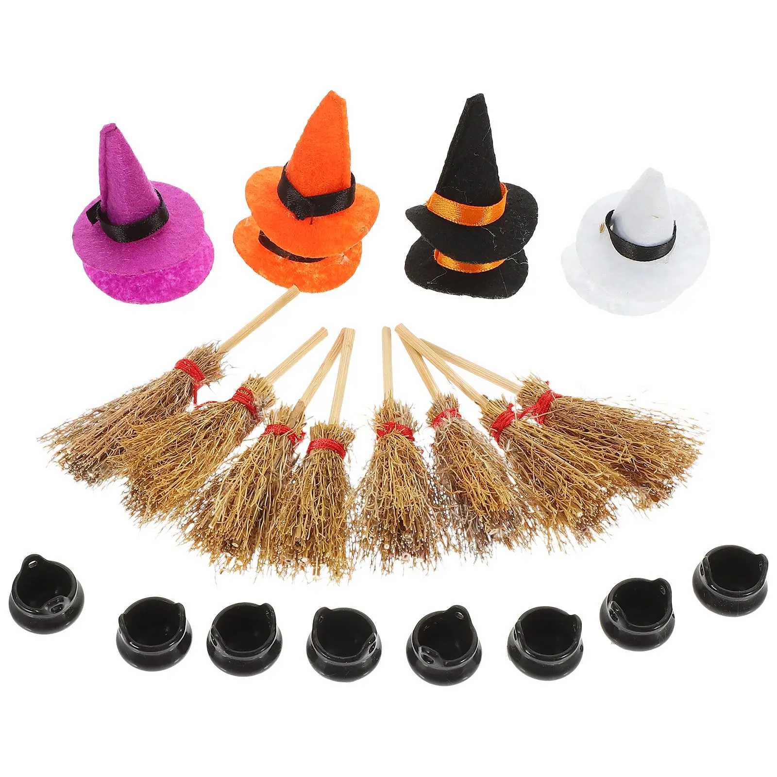 

1 Set(24pcs) Of Halloween Mini Witch Hats Mini Broom Witch Bucket Set Small Cauldron Halloween Party Decorations House Props