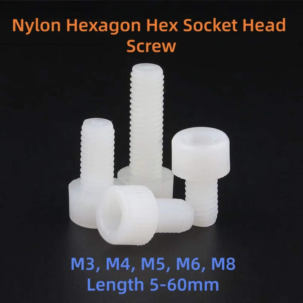 M3-M12 White Nylon Plastic Hexagon Socket Cap Head Bolt Knurled Cup Head Allen Screw5-60mm Electrical Insulation Fastening Parts