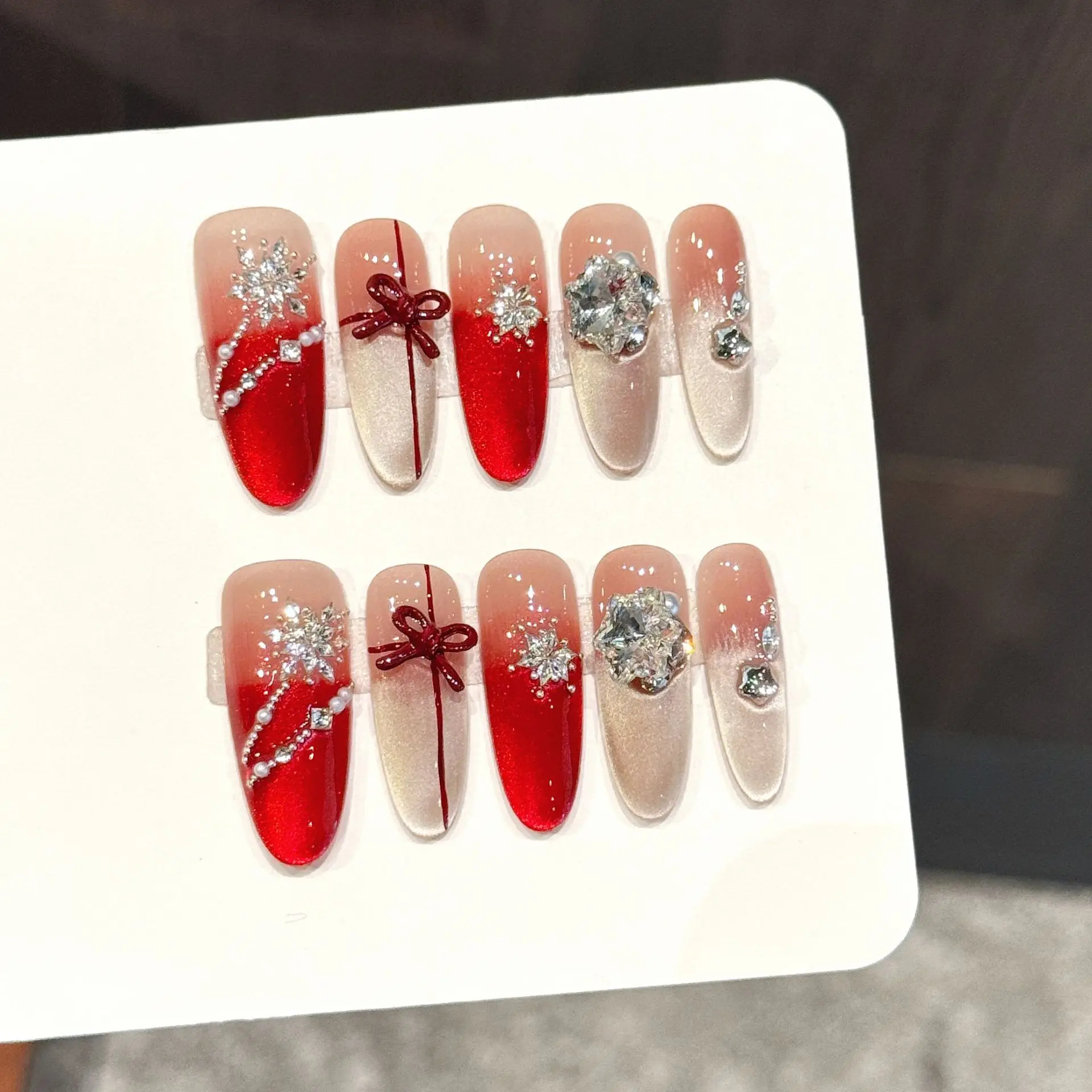

10PCS Oval Handmade Press On Nails,Red Lotus Snow Diamond,Suitable For Festivals Parties And Daily Wear.