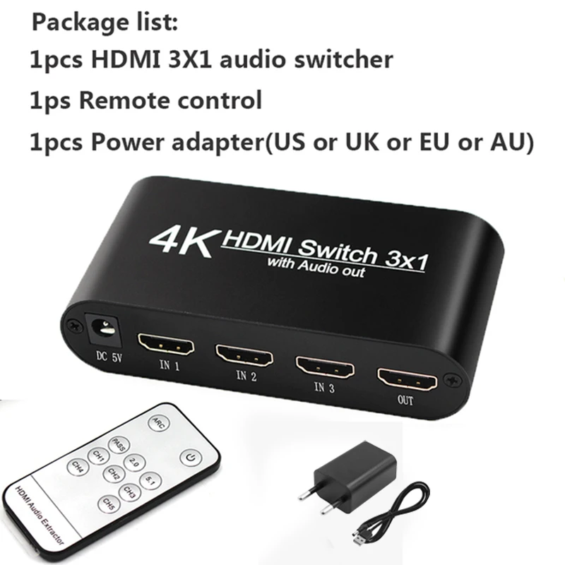 3x1 HDMI Switch with Audio Extractor Optical Toslink Output Support 4K 3D 1080P HDMI Switcher With Remote Control