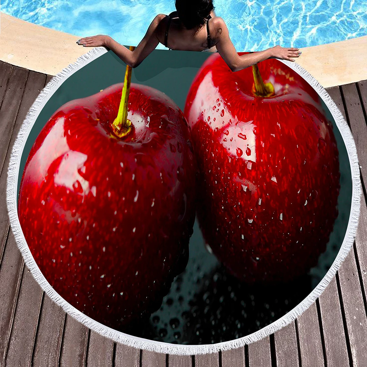 Delicious Cherry Round Beach Towel,Polyester Sand Resistant Beach Blanket,Absorbent Quick Dry Comfortable Pool Towel Picnic Mat