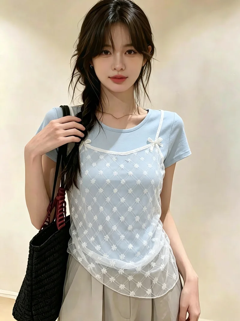 

Lace Hollow out Short Sleeve T-Shirt Women's Summer New Style Super Beautiful Gentle Age Reduction Top Self-Preserving Model