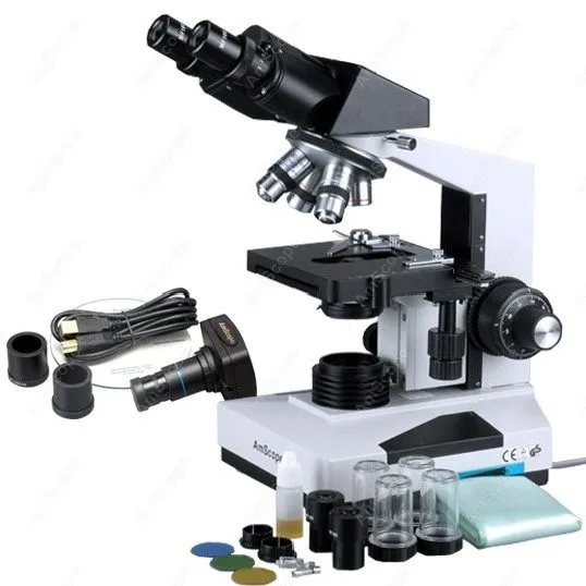 AmScope Biological Binocular Compound Microscope 40X 2000X 20W Halogen 3D Mechanical Stage 1.3MP USB 2.0