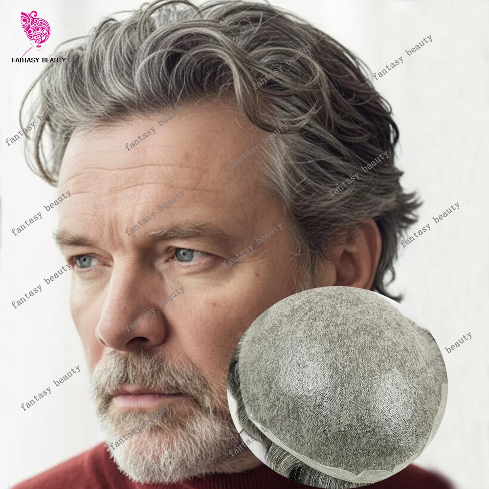 

6inche 0.02mm Super Thin Skin Male Toupee Grey #1B60 520# Brown Hair System Human Hair Prothesi Capilar Black Hombre Pelo Humano