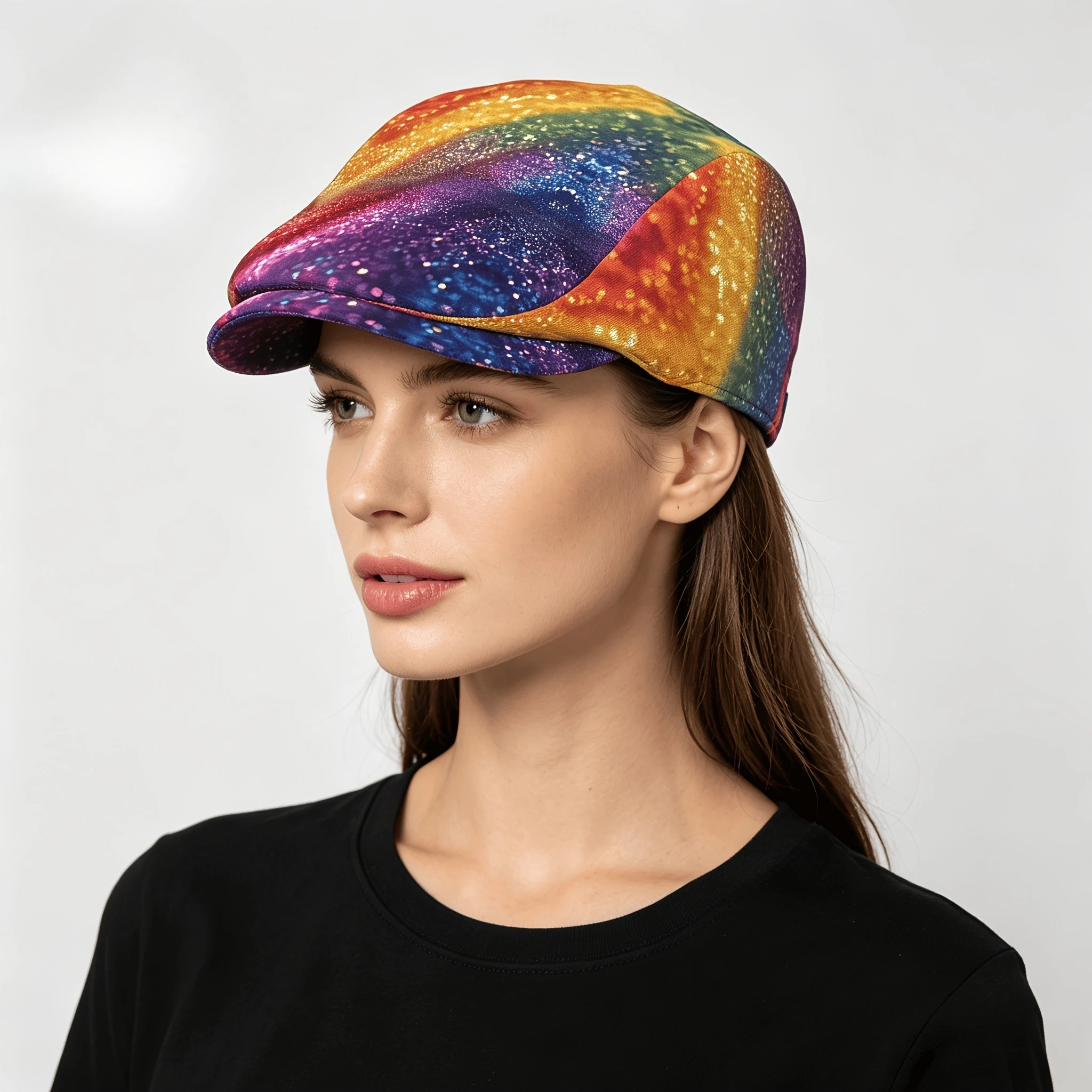 Rainbow Glitter Curved Stripes All-Over Print Flat-Top Hats for Men And Women, Newsboy Caps, Berets, Irish Hats, Driver Caps, Re