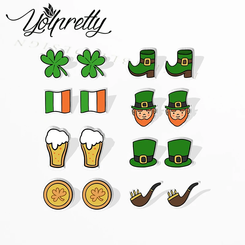 New Cartoon st-patricks day elements Acrylic Stud Earrings Resin Epoxy Ear Fashion Jewelry Earrings for Women Girls