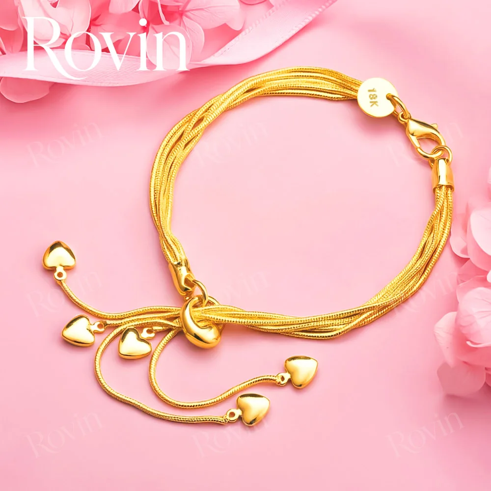 Women's Stylish 18K Gold 8-Inch Multi-Layer Heart-Charm Snake Chain Bracelet – Wedding Jewelry