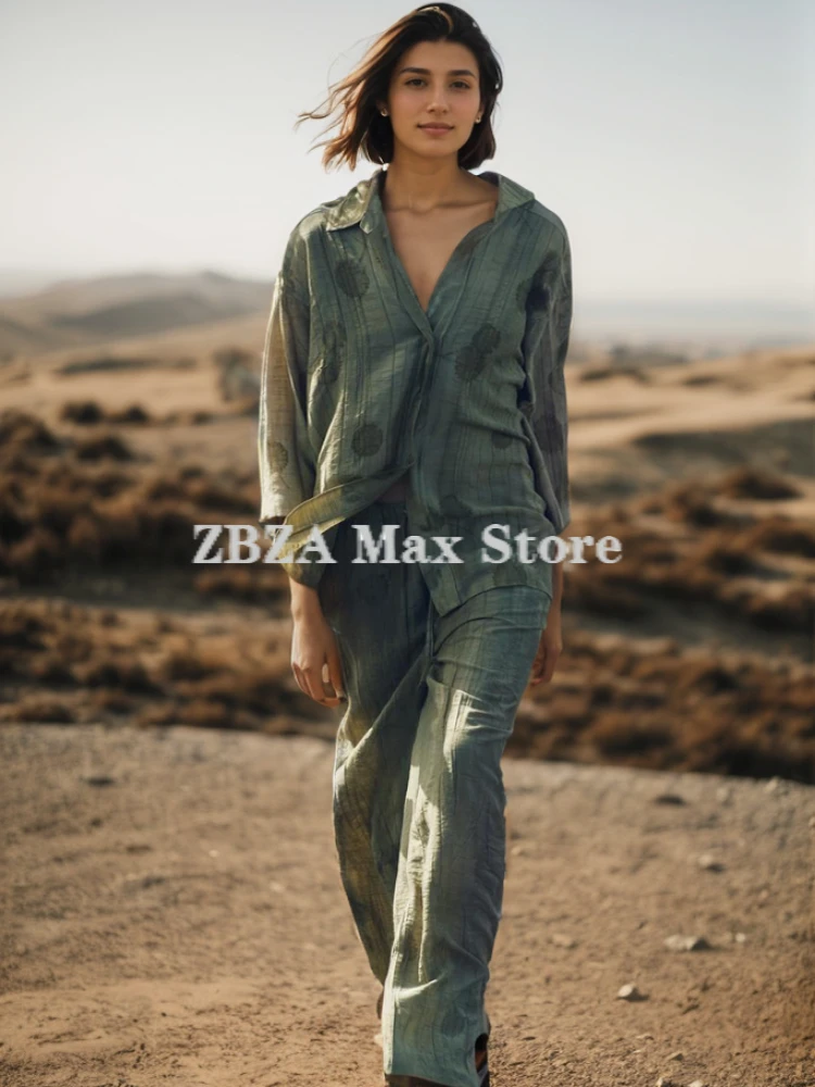 ZBZA Casual Jacquard Shirt Pants Suit Women Lapel Half Sleeve Button Shirts Lace Up Wide Leg Pant Suits Female Streetwear Outfit