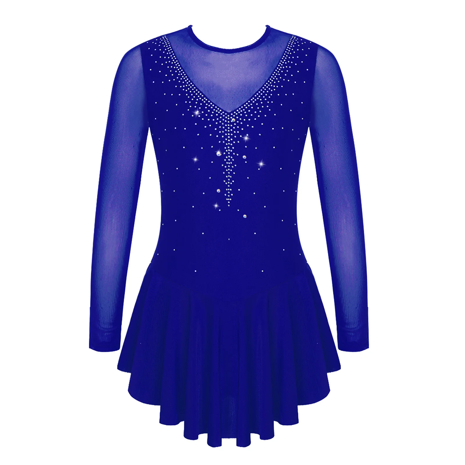 Girls Rhinestone Figure Skating Dress Children Mesh Splice Ballet Leotards Dresses Ice Skating Dress Stage Performance Dancewear