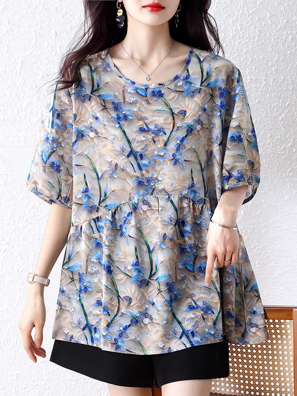 

Fashionable plus Size Women's Shirt Summer 2026 Elegant Loose Slimming Mommy Style Top Alluring Print Casual round Neck Short...