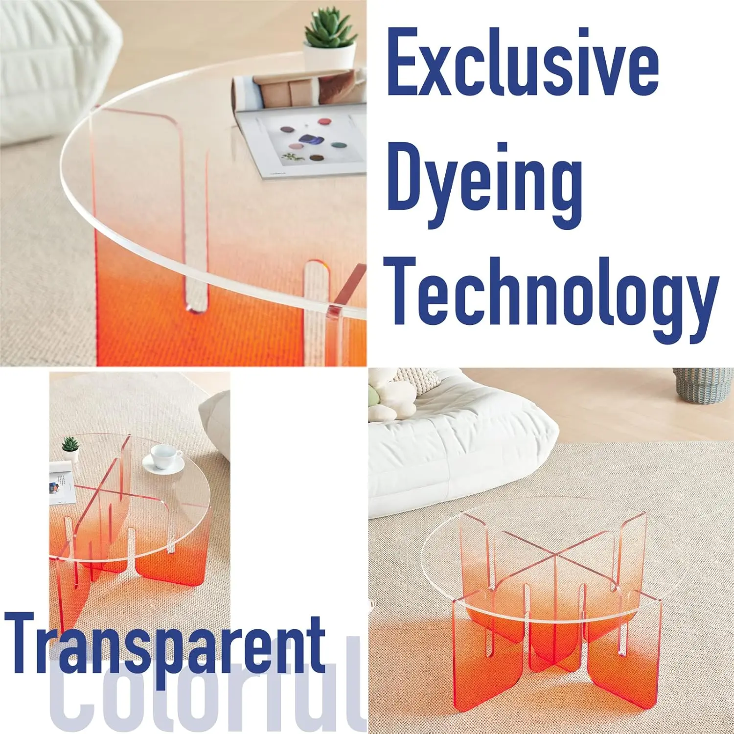 Acrylic Coffee Table – 31 x 16 Inches Coffee Table with Clear Round Top & Gradient Legs – Ultrathick Modern Round Table – Red