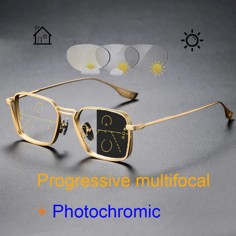 Multifocal Progressive Photochromic Reading Glasses for Men Big Face Retro Oversized Handmade Pure Titanium Reading Glasses