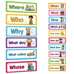 Montessori 16P Question Words Learning Flashcards Bulletin Board Headliners Classroom Wall Decoration Kids Vocabulary Building