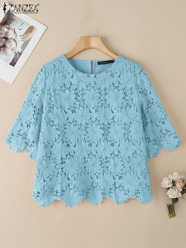 

2025 ZANZEA Elegant Shirts Summer Lace Crochet Blouse Women Bohemain Half Sleeve Holiday Tops Stylish Patchwork Blusas Tunic