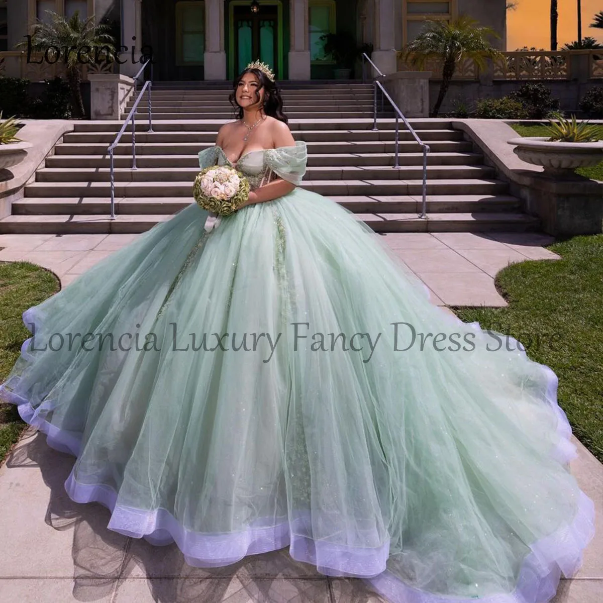 Messicano 2024 verde abito Quinceanera abito da ballo con spalle scoperte dolce 15 16 3D Applique floreale corsetto con perline Vestidos De 15 aecos