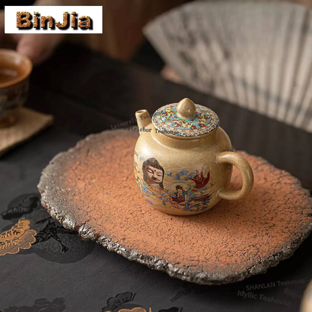 Chinese Dunhuang Giant Buddha Teapot Kiln Change Coarse Pottery Pot Tea Maker Kettle Dahongpao Kongfu Teaware Decoration Gifts