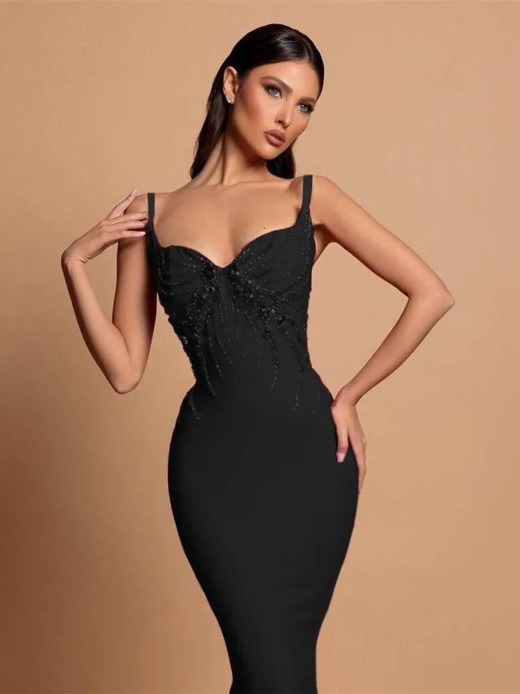 sensual-high-end-long-skirt-with-side-slit-heart-collar-wide-strap-top-beaded-decoration-for-sexy-party-gown