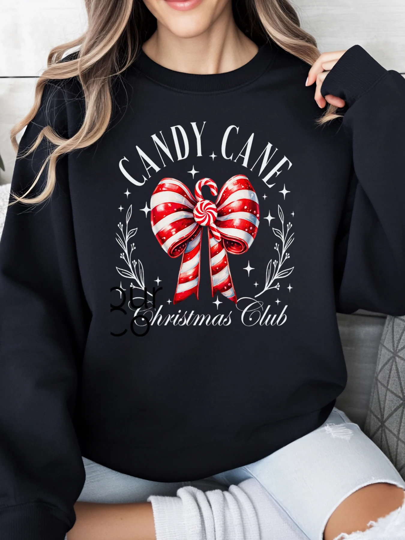 

Толстовка с принтом конфетной трости и бантом для рождественского клуба, праздничная женская повседневная одежда, черная, больших размеров