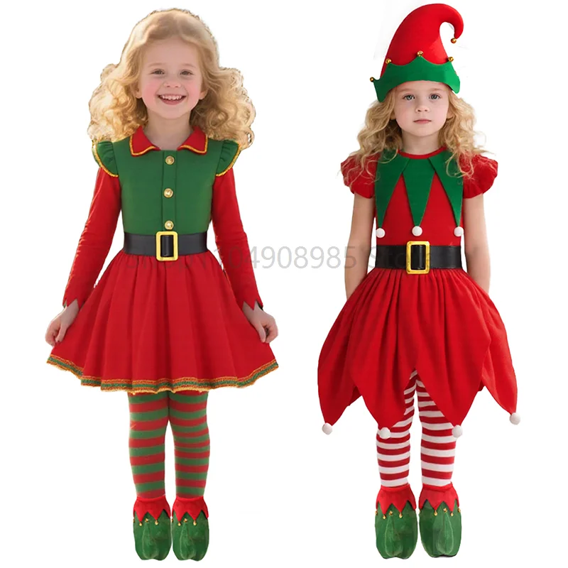 

Girls Christmas Elf Dress Costume Set Elf Cosplay Outfit Dress Elf Hat Belt Knee Socks for Christmas Party