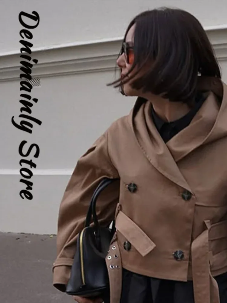 

Chic Metal Buckle Belt Hooded Short Jacket Women Double Breast Long Sleeve Khaki Coat Female 2025 Autumn Lady Street Outwears