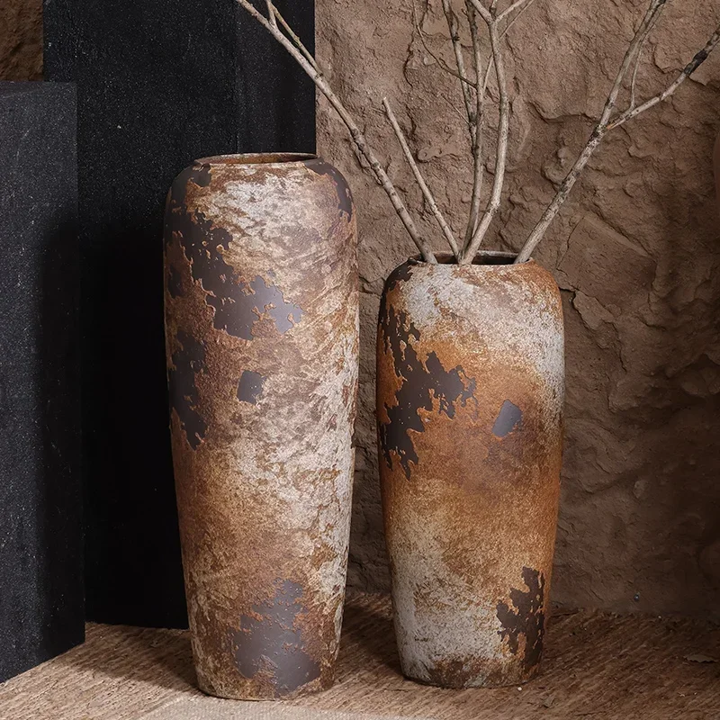 Floor-to-ceiling large vase ceramic ornament, Chinese-style retro pottery pot, living room hotel decoration