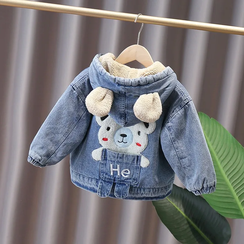 

Korean Autumn Winter Boys Denim Jacket Cartoon Bear Hooded Plus Velvet Little Boy Outerwear Coat 1-6 Year Kids Boys Parka