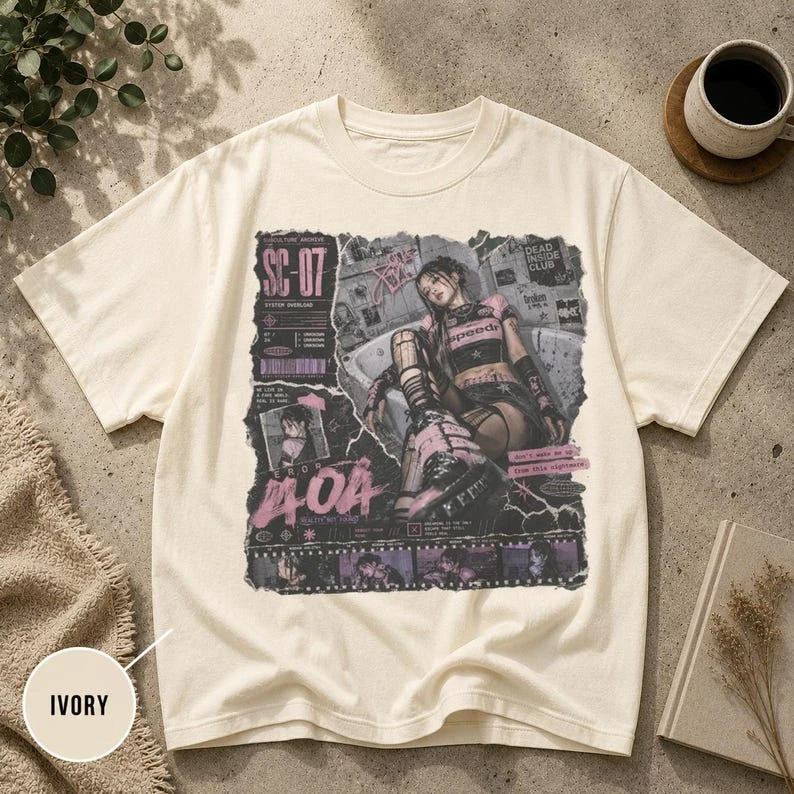 Y2K Dark Grunge Shirt, Error 404 Graphic Tee, Pink Black Streetwear  t shirts for men