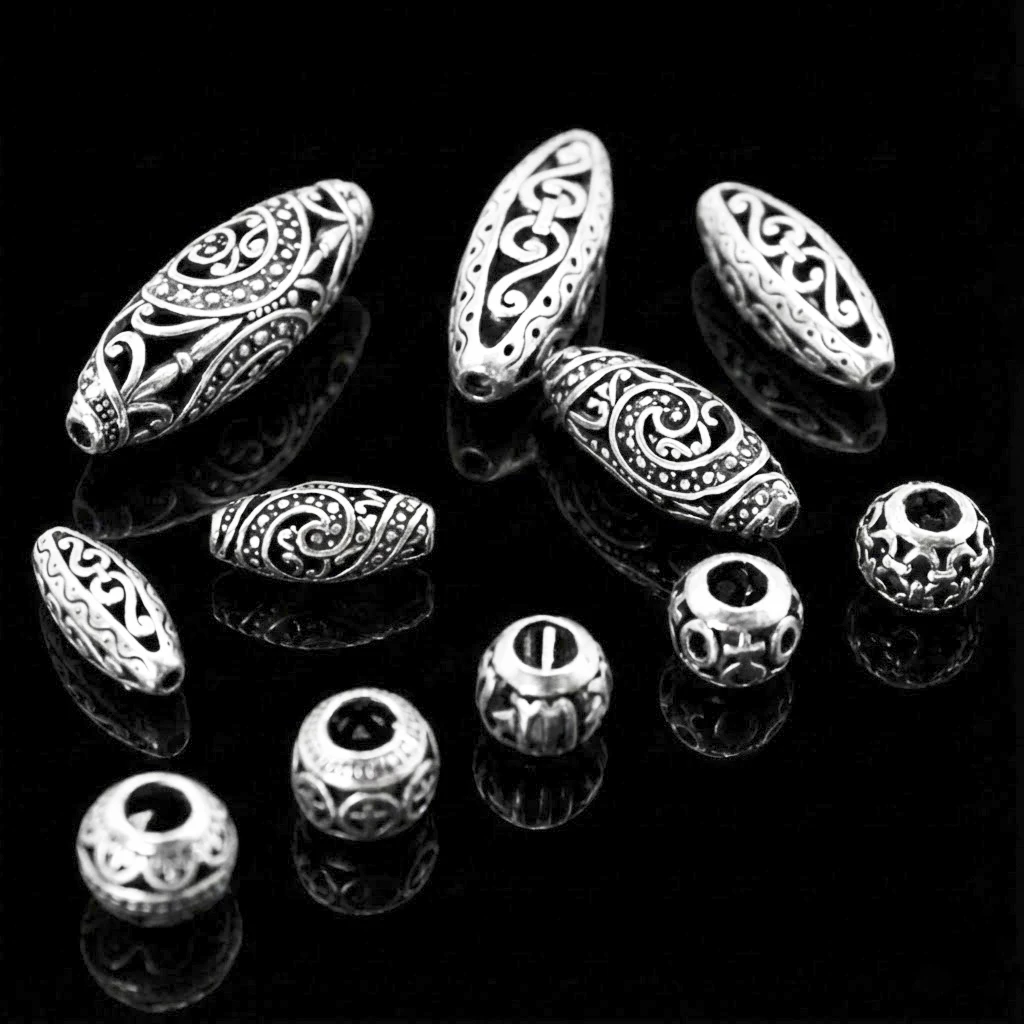 Assorted Antique Silver Color Spacer Beads Vintage Tibetan Style Metal Tube Round Loose Beads for DIY Jewellery Making Bracelets