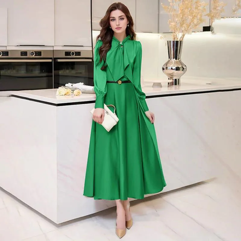 Spring 2024 Fashion Office Lady Aline Casual Dress Women\'s  Elegant Long Sleeve Midi Dress Green Black Vestidos Para Mujer